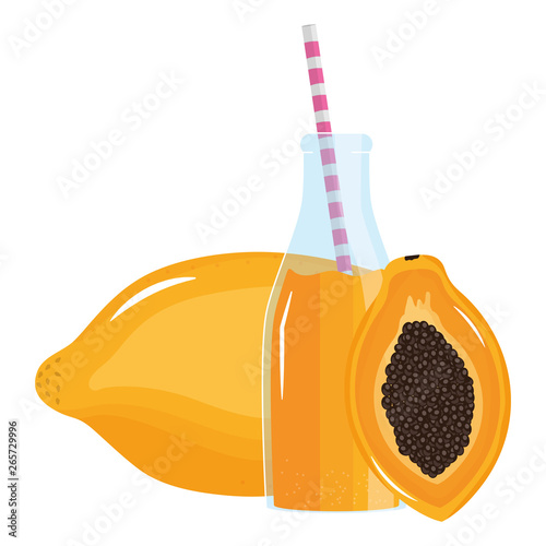 fresh papaya juice fruit in botttle with straw