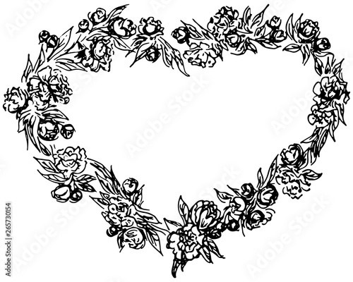 Hand drawn wreath in form of heart. Floral circle frame design elements for invitations, greeting cards, posters, blogs. Delicate set of flowers, branches and leaves. Line Art