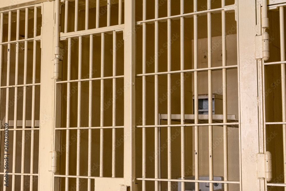 Jail cell behind the bars with no prisoner. Empty prison cell with closed metal door. Jail cell behind the bars with no prisoner. Empty prison cell with closed metal door.