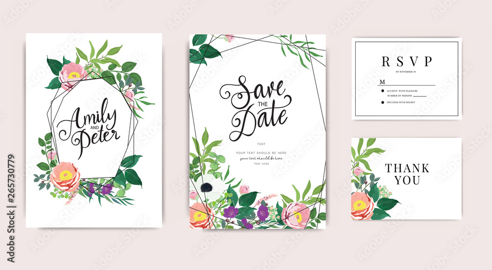 Wedding Invitation, floral invite thank you, rsvp modern card Design in pink rose with red berry and leaf greenery  branches decorative Vector elegant rustic template