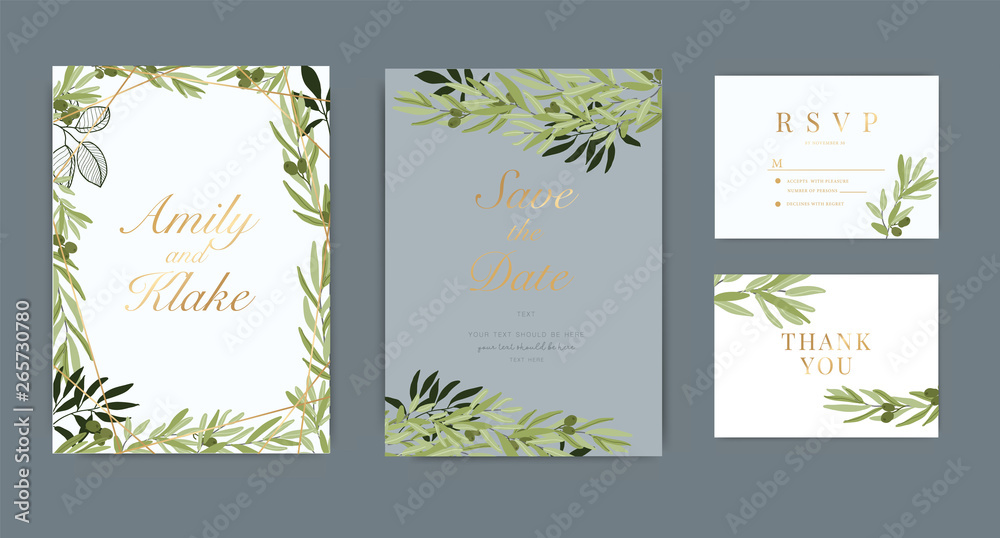 Wedding Invitation, floral invite thank you, rsvp modern card Design in olive  and leaf greenery  branches decorative Vector elegant rustic template