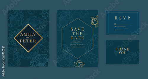 Navy Wedding Invitation, floral invite thank you, rsvp modern card Design in Golden peony  with leaf greenery  branches decorative Vector elegant rustic template