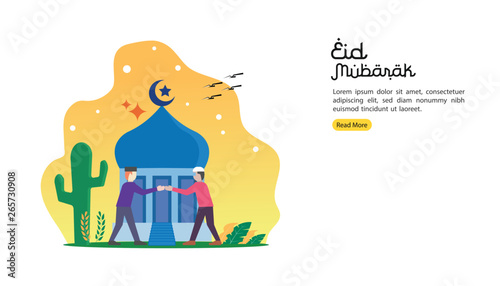 happy eid mubarak greeting concept with people character for web landing page template, banner, presentation, social, and print media. islamic eid fitr or adha flat design vector illustration.