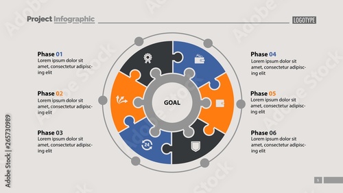 Six elements process chart slide template. Business data. Plan, diagram, design. Creative concept for infographic, presentation, report. Can be used for topics like management, finance, production.