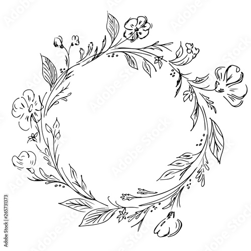 Wreath of black roses or peonies flowers and branches isolated of white. Foral frame design elements for invitations, greeting cards, posters, blogs. Hand drawn illustration. Line art. Sketch