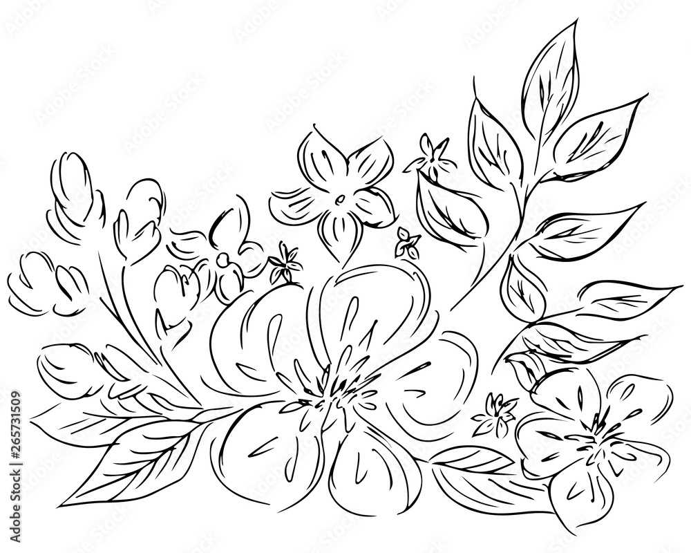 Hand Drawn Illustrations Of Abstract Set of Flowers Isolated on White. Hand Drawn Sketch of a Flowers. Line art