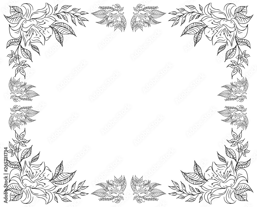 Wreath of black roses or peonies flowers and branches isolated of white. Foral frame design elements for invitations, greeting cards, posters, blogs. Hand drawn illustration. Line art. Sketch Wreath of black roses or peonies flowers and branches isolated of white. Foral frame design elements for invitations, greeting cards, posters, blogs. Hand drawn illustration. Line art. Sketch