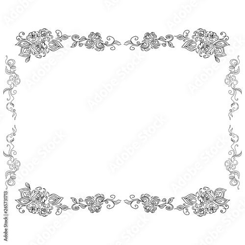 Wreath of black roses or peonies flowers and branches isolated of white. Foral frame design elements for invitations, greeting cards, posters, blogs. Hand drawn illustration. Line art. Sketch