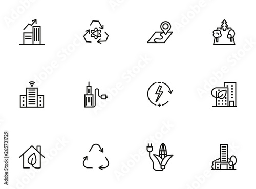 Sustainable urbanization icon set. Line icons collection on white background. City, recycling, consumption. Renewable energy concept. Can be used for topics like environment, engineering, development photo