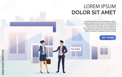 Business people standing and talking, city house and sample text. House, realtor, property concept. Presentation slide template. Vector illustration for topics like business, architecture, real estate