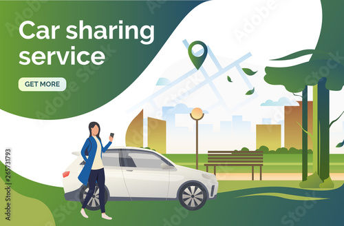 Car sharing service lettering, car, woman, city park, pointer on map. Transport, vehicle concept. Presentation slide template. Vector illustration for topics like business, navigation, transportation