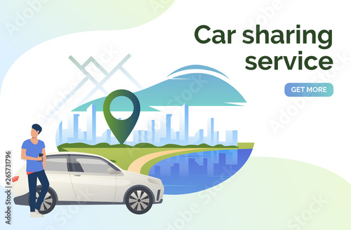 Car sharing service lettering, man, car and cityscape. Transport, vehicle concept. Presentation slide template. Vector illustration can be used for topics like business, navigation, transportation