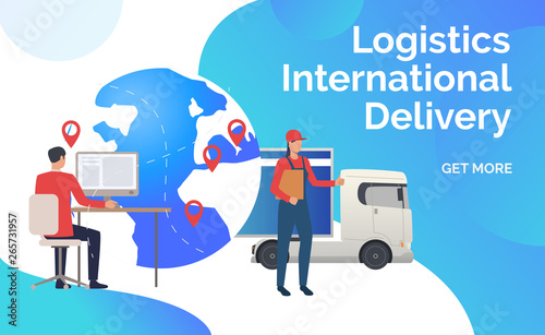 Logistics, international delivery lettering and logistics expert. Transportation, vehicle, freight concept. Presentation slide template. Vector illustration for topics like business, distribution