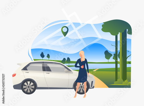 Woman standing by car with landscape in background. Transport, vehicle concept. Vector illustration can be used for topics like business, car sharing service, transportation