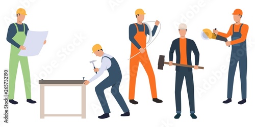 Collection of workers doing home improvements. Bundle of busy men doing repair. Vector illustration of cartoon characters can be used for renovation, construction, presentation