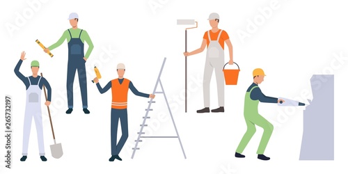 Group of renovation workers in uniform. Set of male cartoon characters performing remodeling work. Vector illustration can be used for presentation, home improvement, article
