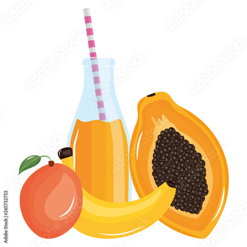 fresh papaya and mango juice fruits in botttle with straw