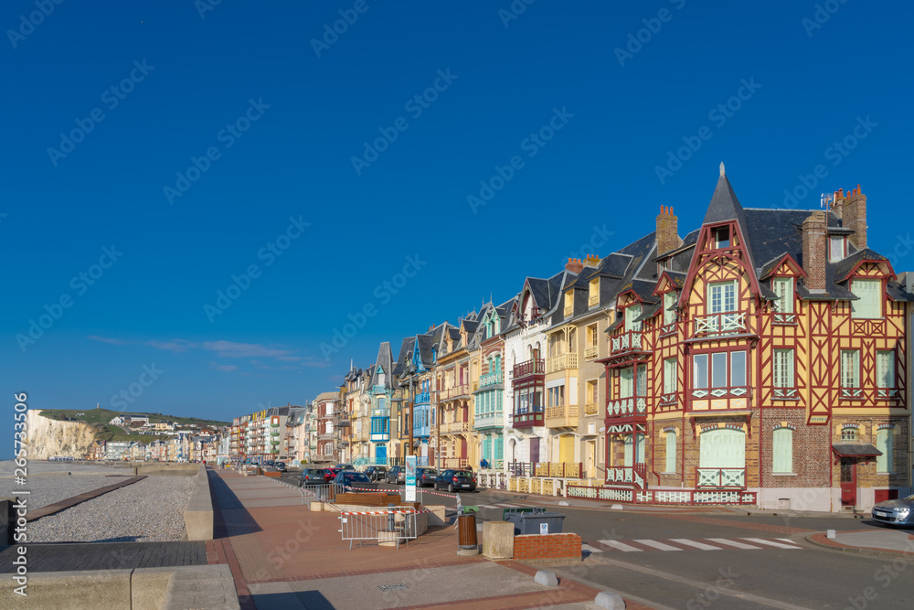 Mers-Les-Bains, France - 04 29 2019: Facades along the dike at sunset
