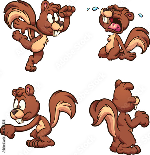 Cartoon squirrel with different expressions and poses clip art. Vector illustration with simple gradients. Each on a separate layer.