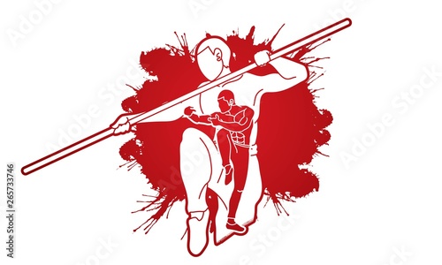 Kung Fu with quarterstaff action cartoon graphic vector.