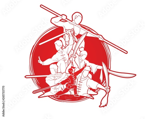 Group of People Kung Fu fighter, Martial arts with weapons action cartoon graphic vector.