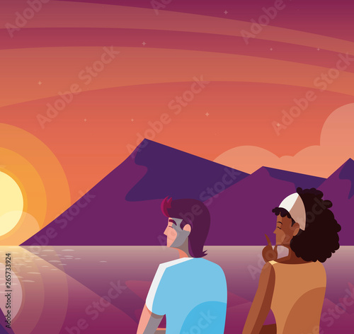 interracial couple contemplating horizon of sky sunset scene