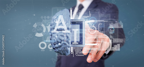 Business man holding artificial intelligence icon with half brain and half circuit 3d rendering