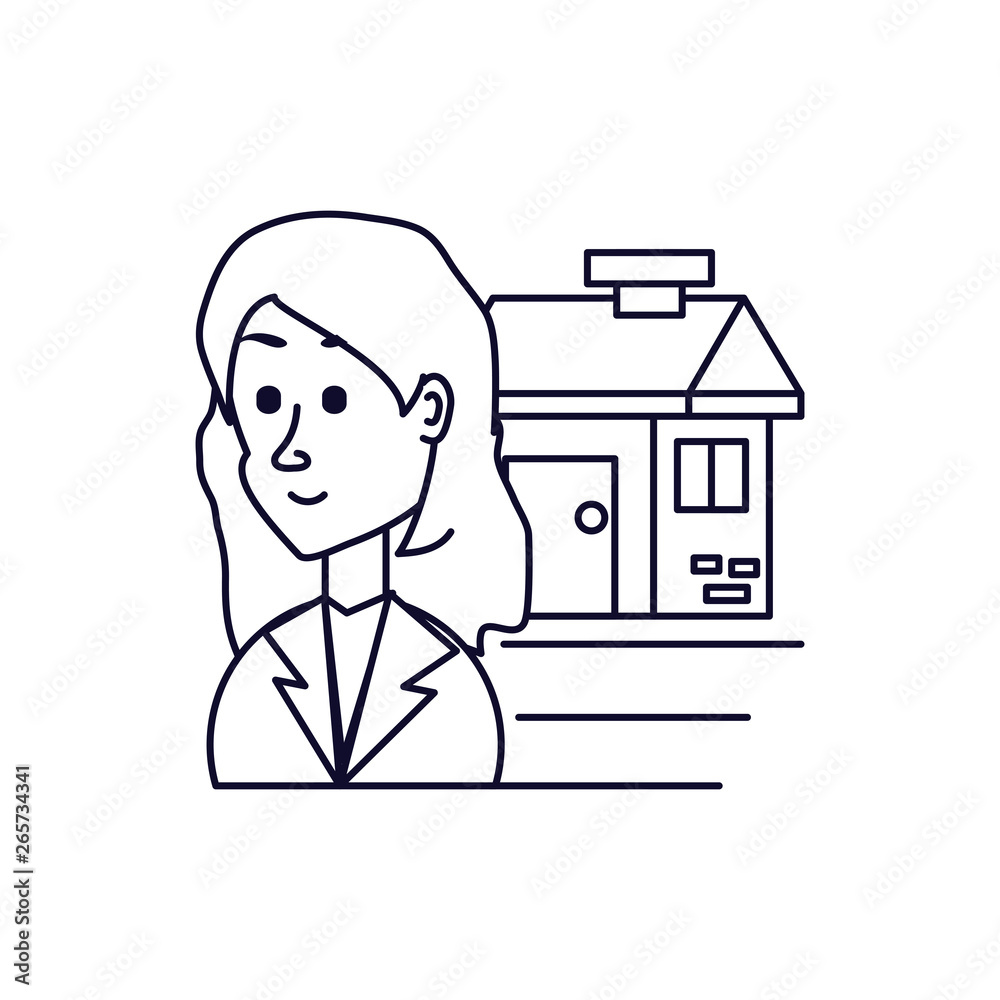 business woman with facade house