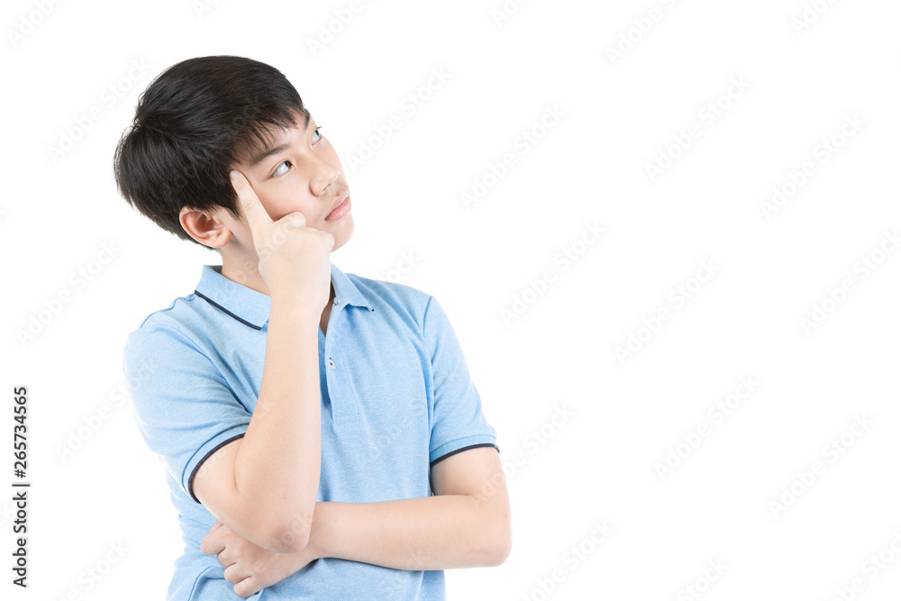 Young Asian boy thinking over white background Young Asian boy thinking over white background
