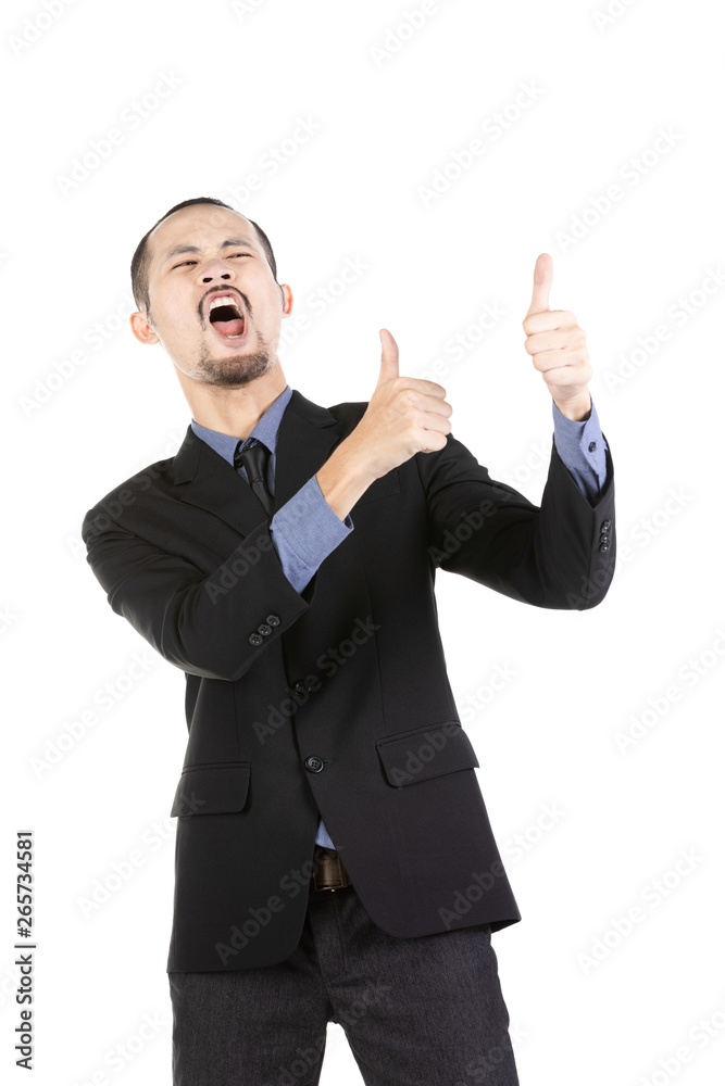 Asian excited man dressed in formal wear giving thumbs-up. Asian excited man dressed in formal wear giving thumbs-up.