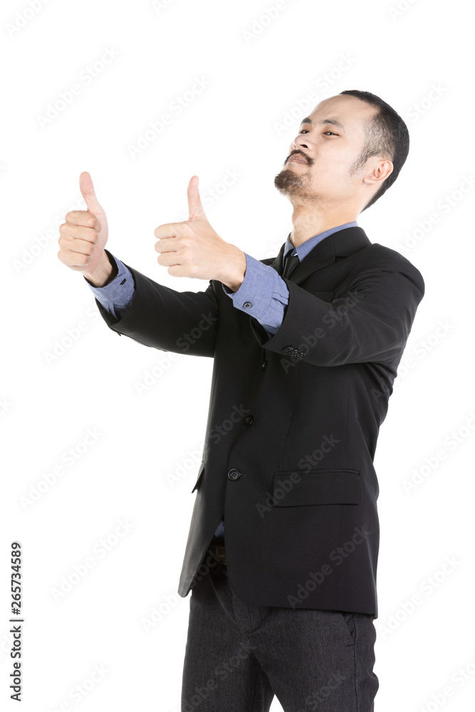 Asian excited man dressed in formal wear giving thumbs-up. Asian excited man dressed in formal wear giving thumbs-up.