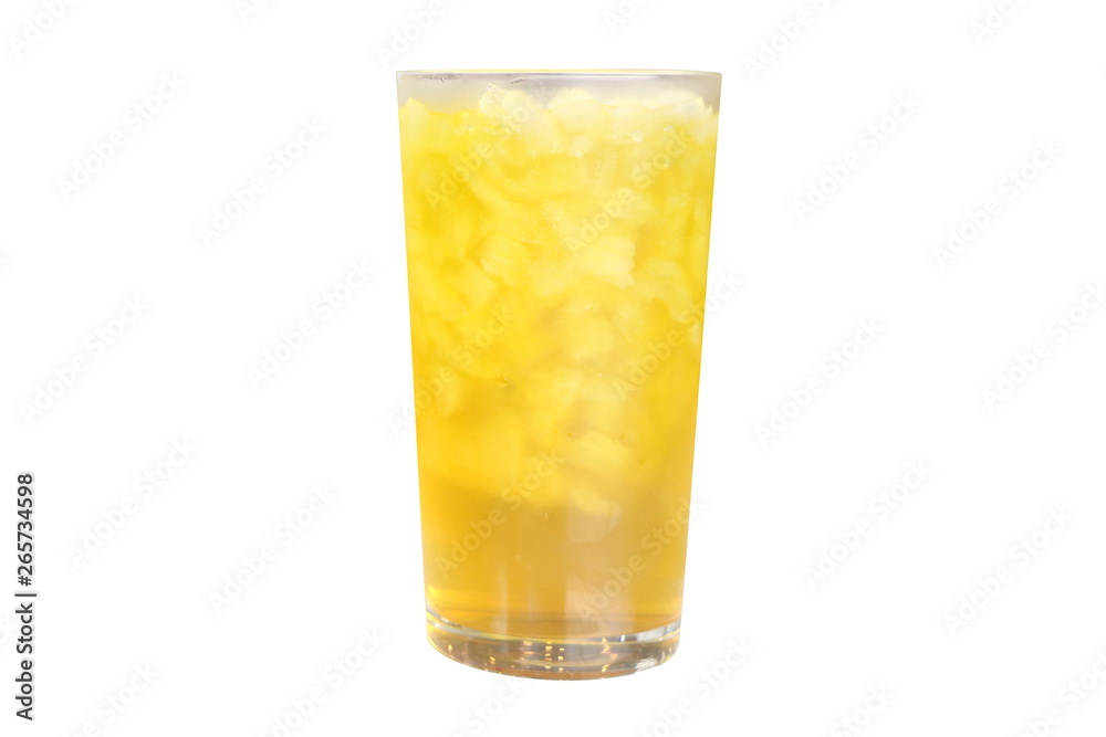 Isolated Chrysanthemum ice tea glass on white background, yellow herbal water for drink will felling fresh in summer.