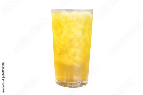 Isolated Chrysanthemum ice tea glass on white background, yellow herbal water for drink will felling fresh in summer.
