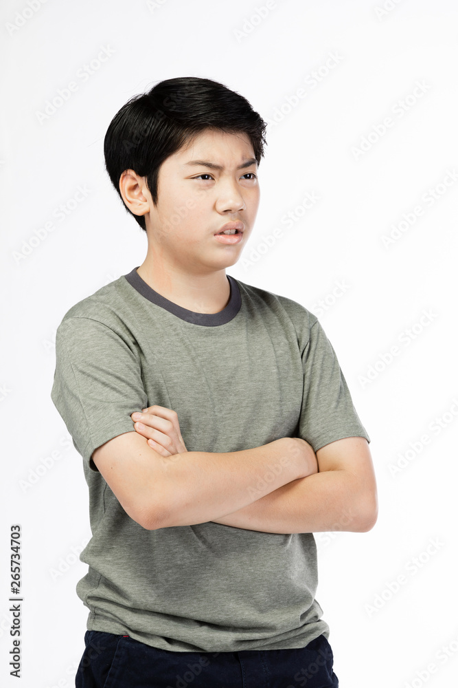 © sirikorn - Young Asian boy over white background, be upset; have a bad temper emotional. © sirikorn - Young Asian boy over white background, be upset; have a bad temper emotional.