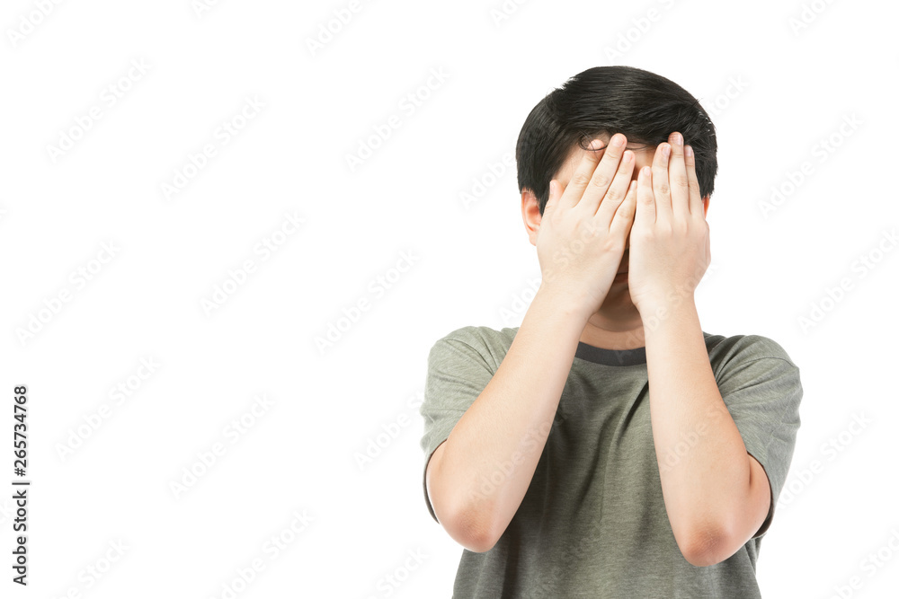 Portrait Young Asian boy over white background, be upset; have a bad temper emotional portrait of teen boy wearing t-shirt. Thoughtful teenager, isolated on white background. Portrait Young Asian boy over white background, be upset; have a bad temper emotional portrait of teen boy wearing t-shirt. Thoughtful teenager, isolated on white background.