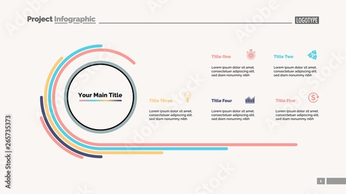 Doughnut chart slide template with five options. Business data. Diagram, comparison, design. Creative concept for infographic, presentation, report. For topics like progress, marketing, analysis