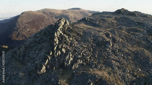 sunrise in Snowdonia. drone footage flying over Castel y gwynt, Glyder Fach photo