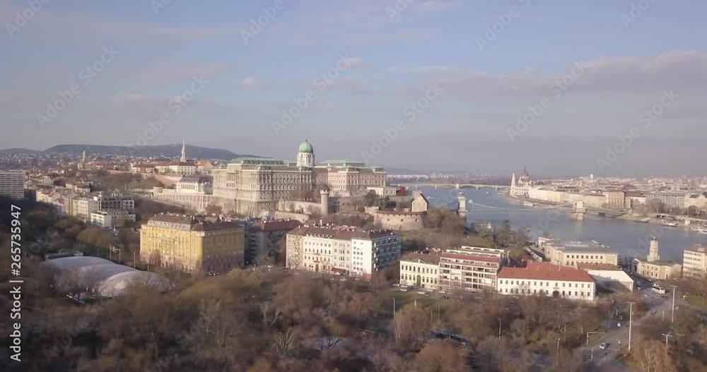Aerial video shows the Buda Castle and the river Danube in Budapest, Hungary - drone video
