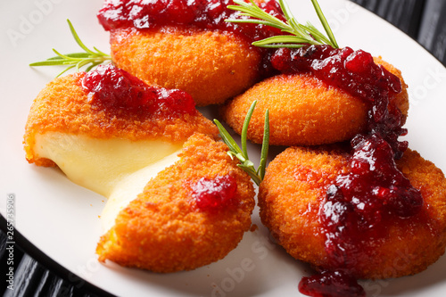 Baked Camembert breaded with cranberry sauce close-up on a plate. horizontal