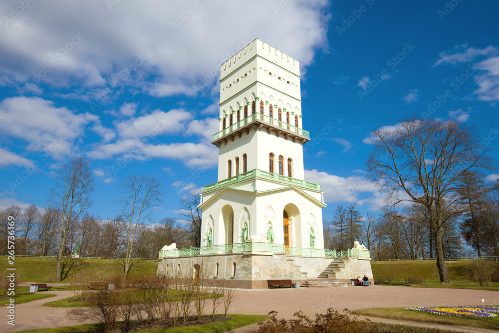 View of the old White Tower in Alexander Park on a sunny May day. Tsarskoye Selo