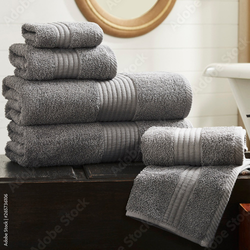 Photo Cotton terry towel set. Dobby border towel set