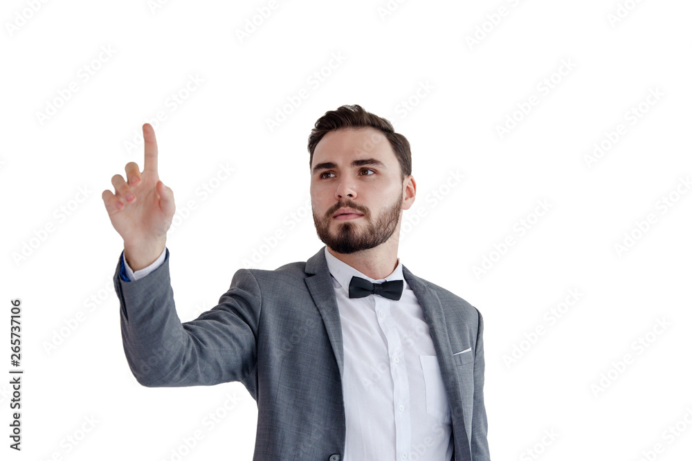 Man is standing and shows outstretched hand with open palm. Businessman hand touching virtual screen Man is standing and shows outstretched hand with open palm. Businessman hand touching virtual screen