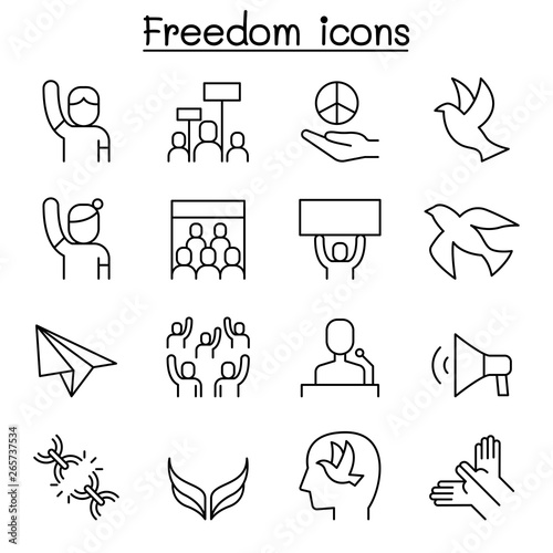 Freedom, peace, protest, demonstration icon set in thin line style