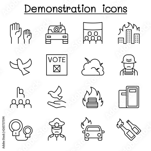 Protest, riot, election, remonstrance, demonstration icon set in thin line style