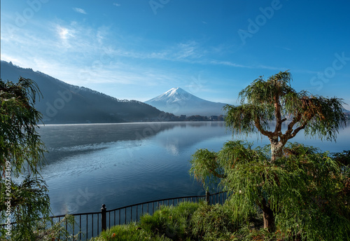 Mount Fuji with lake foreground on Sunny Day