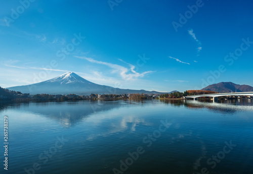 Mount Fuji with lake foreground on Sunny Day