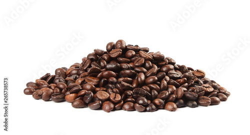 A heap of coffee beans isolated on white background.