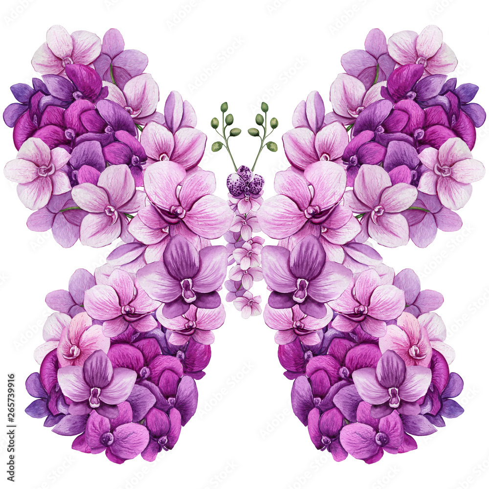 Fototapeta premium Butterfly Silhouette with Watercolor Orchid Flowers