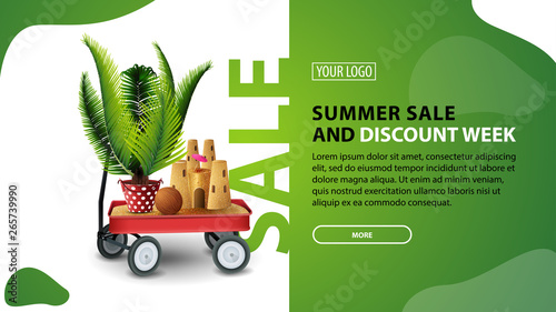 Summer sale and discount week, horizontal discount banner for your website with modern design, garden cart with sand, sand castle and potted palm