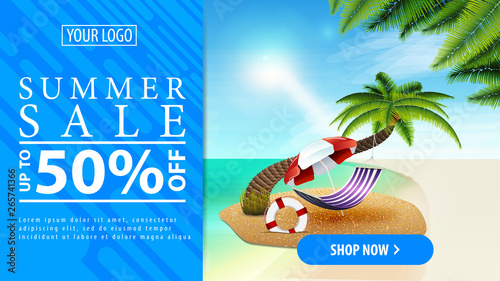 Summer discount, horizontal discount banner with a button for your website with palm tree, hammock and beach umbrella